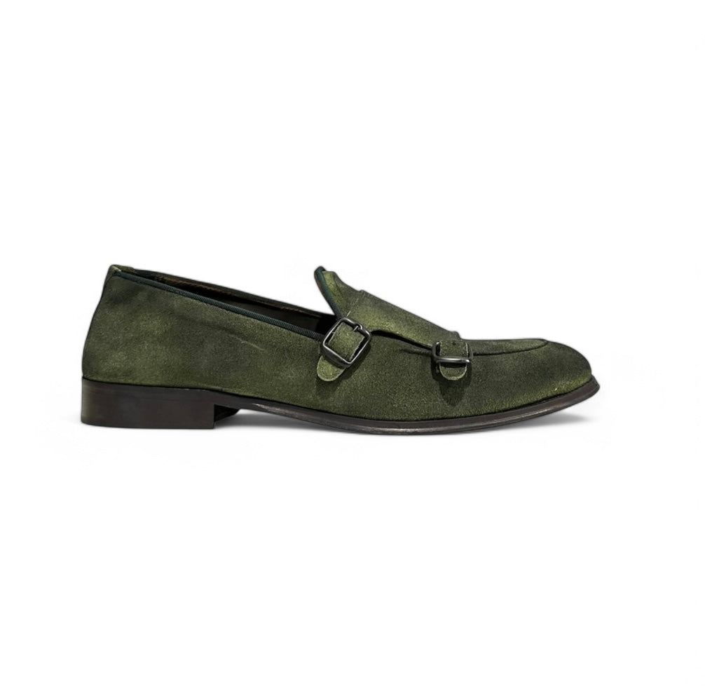 Double Buckle leather sole in green split leather