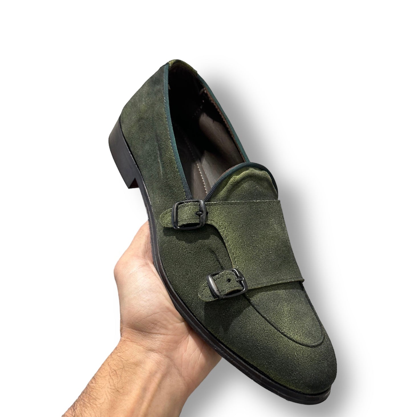 Double Buckle leather sole in green split leather