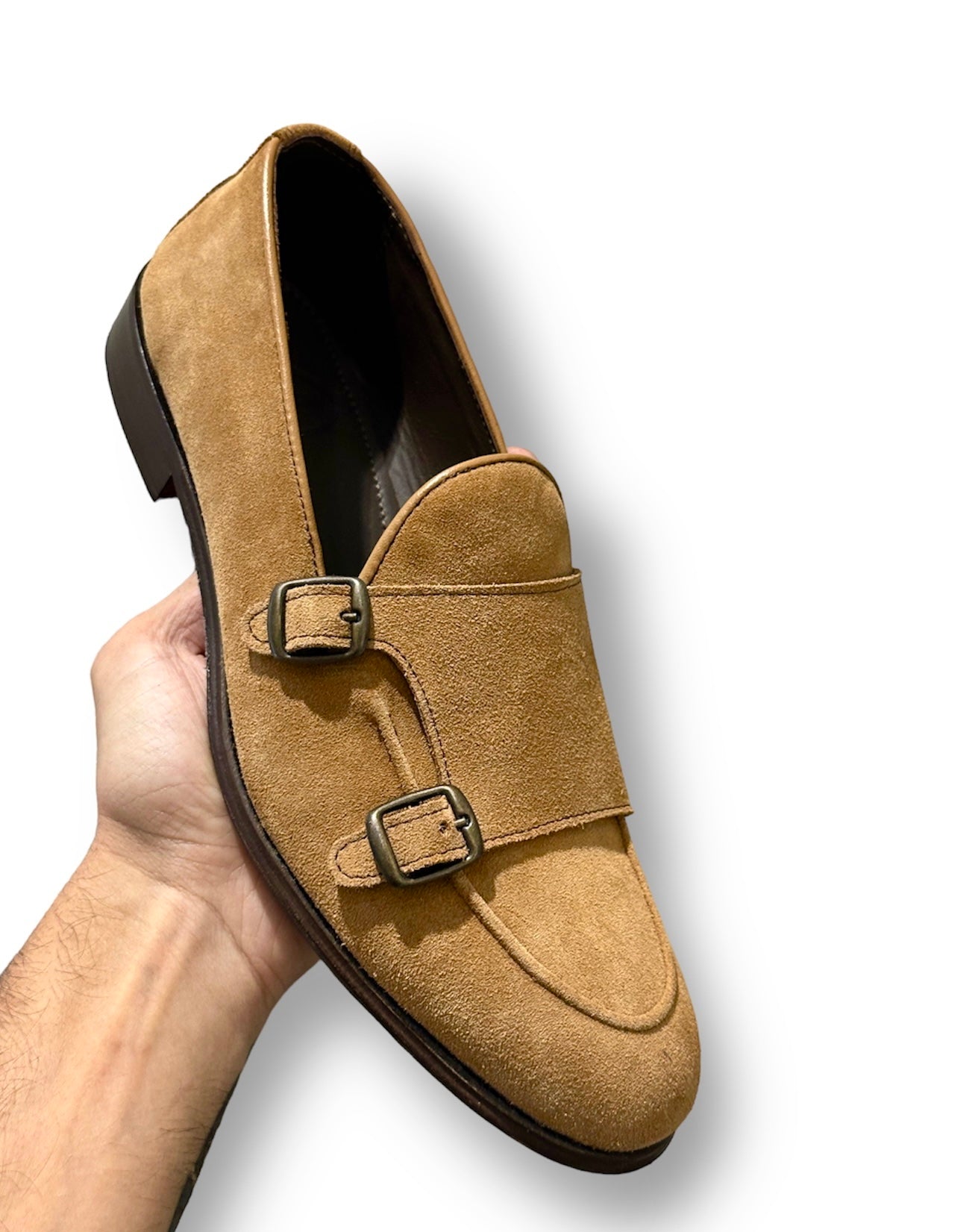 Double Buckle leather sole in mustard split leather