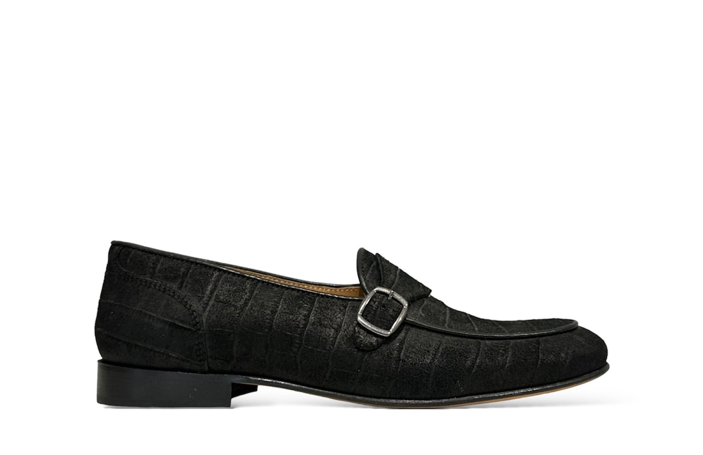 Black moccasin with split leather buckle