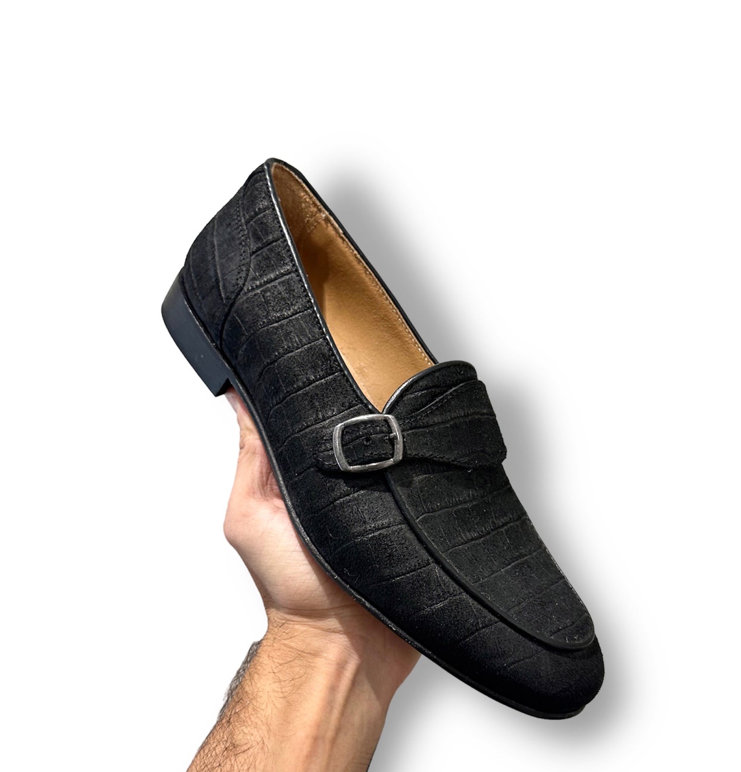 Black moccasin with split leather buckle